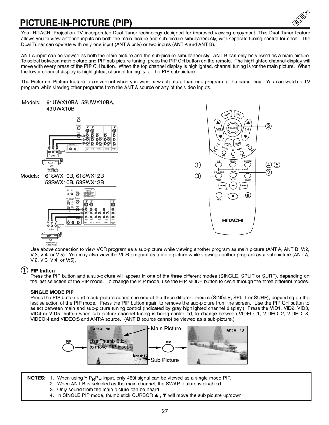 Hitachi 53UWX10BA, 61SWX10B, 61UWX10BA important safety instructions Picture-In-Picture Pip, PIP button, Single Mode PIP 