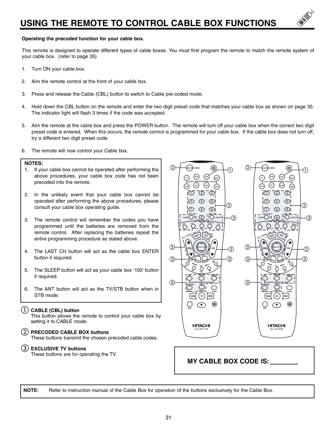 Hitachi 61SWX10B Using the Remote to Control Cable BOX Functions, Operating the precoded function for your cable box 