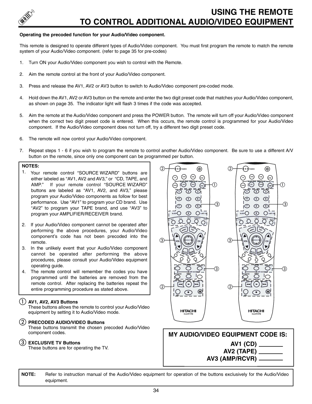 Hitachi 61SWX10B, 53UWX10BA, 61UWX10BA important safety instructions AV1, AV2, AV3 Buttons, Precoded AUDIO/VIDEO Buttons 