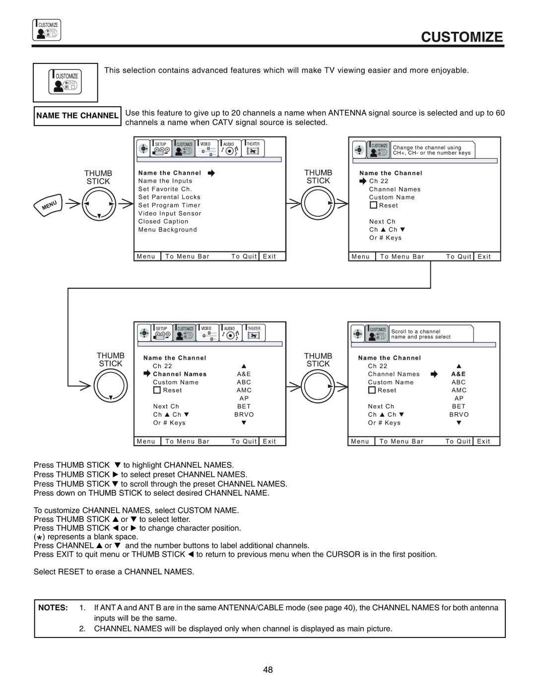 Hitachi 53UWX10BA, 61SWX10B, 61UWX10BA important safety instructions Customize, Name the Channel 