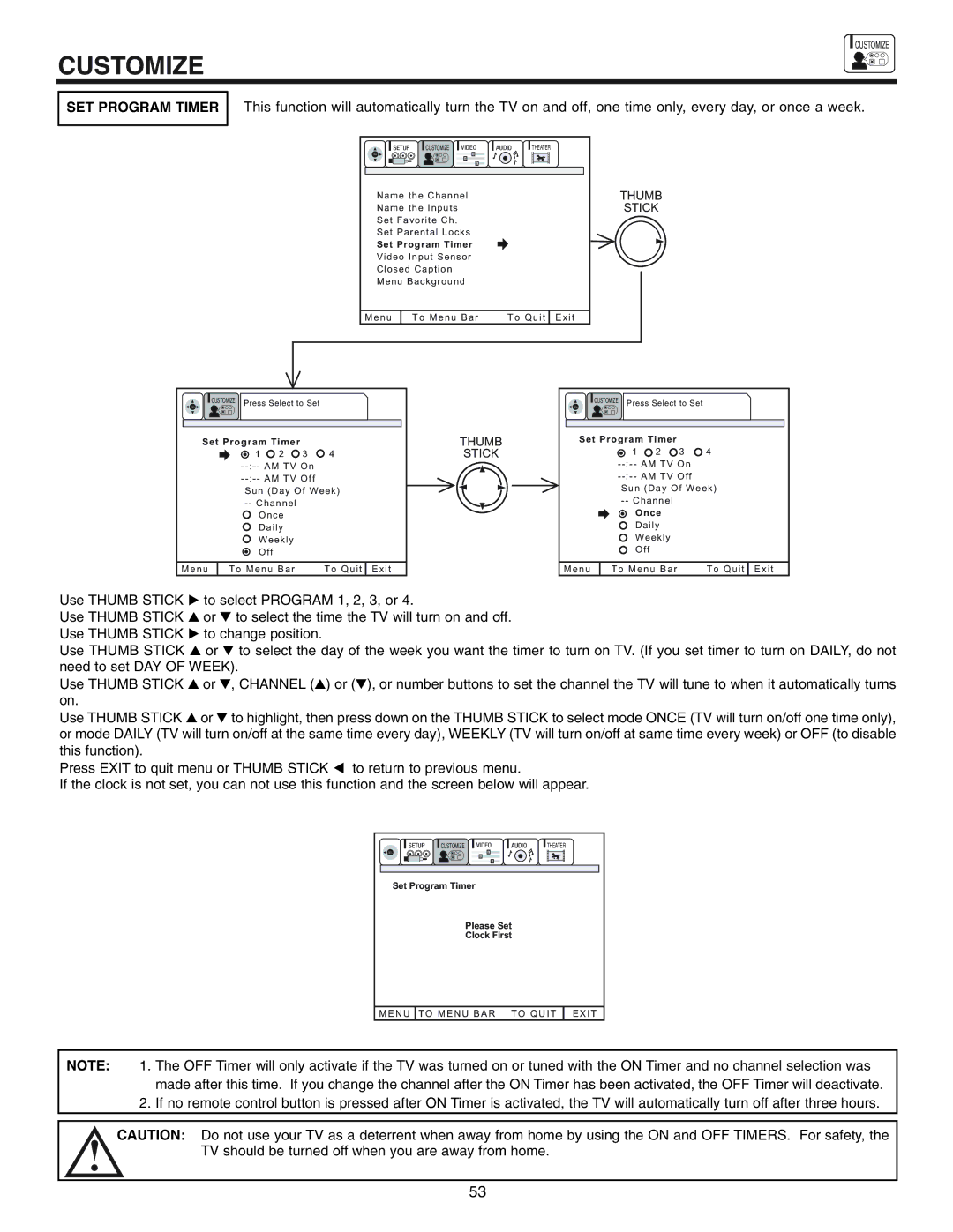 Hitachi 61UWX10BA, 53UWX10BA, 61SWX10B important safety instructions SET Program Timer, Stick 