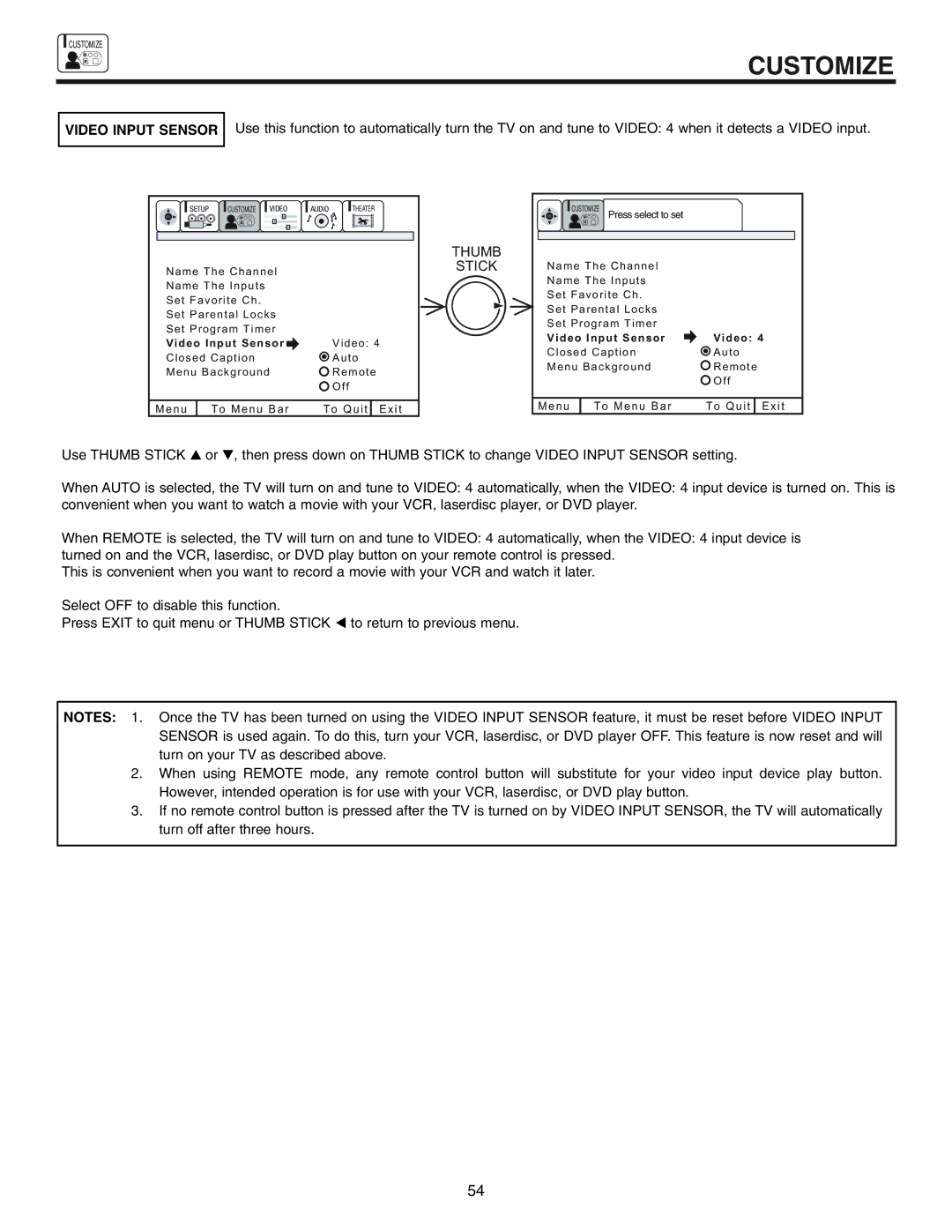 Hitachi 53UWX10BA, 61SWX10B, 61UWX10BA important safety instructions Video Input Sensor 