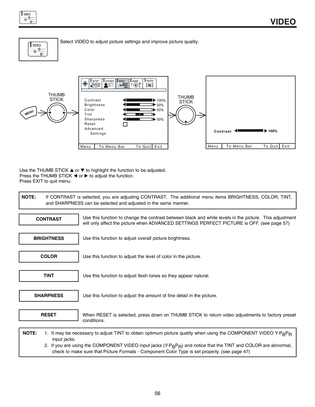 Hitachi 61UWX10BA, 53UWX10BA, 61SWX10B important safety instructions Video, Contrast Brightness Color Tint Sharpness Reset 