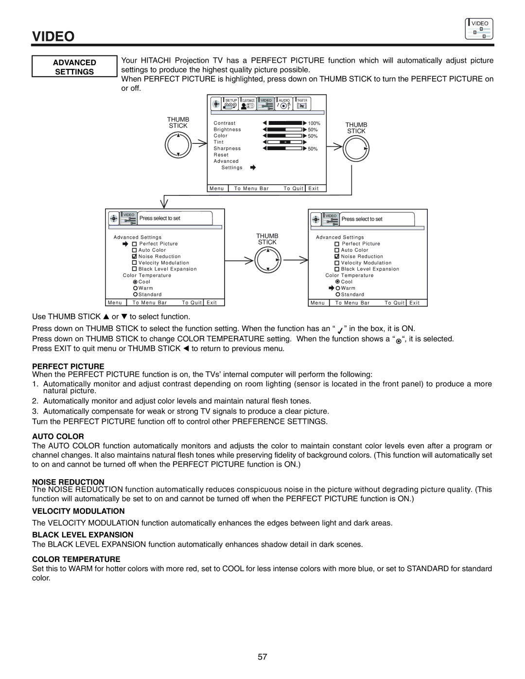 Hitachi 53UWX10BA Advanced Settings, Perfect Picture, Auto Color, Noise Reduction, Velocity Modulation, Color Temperature 