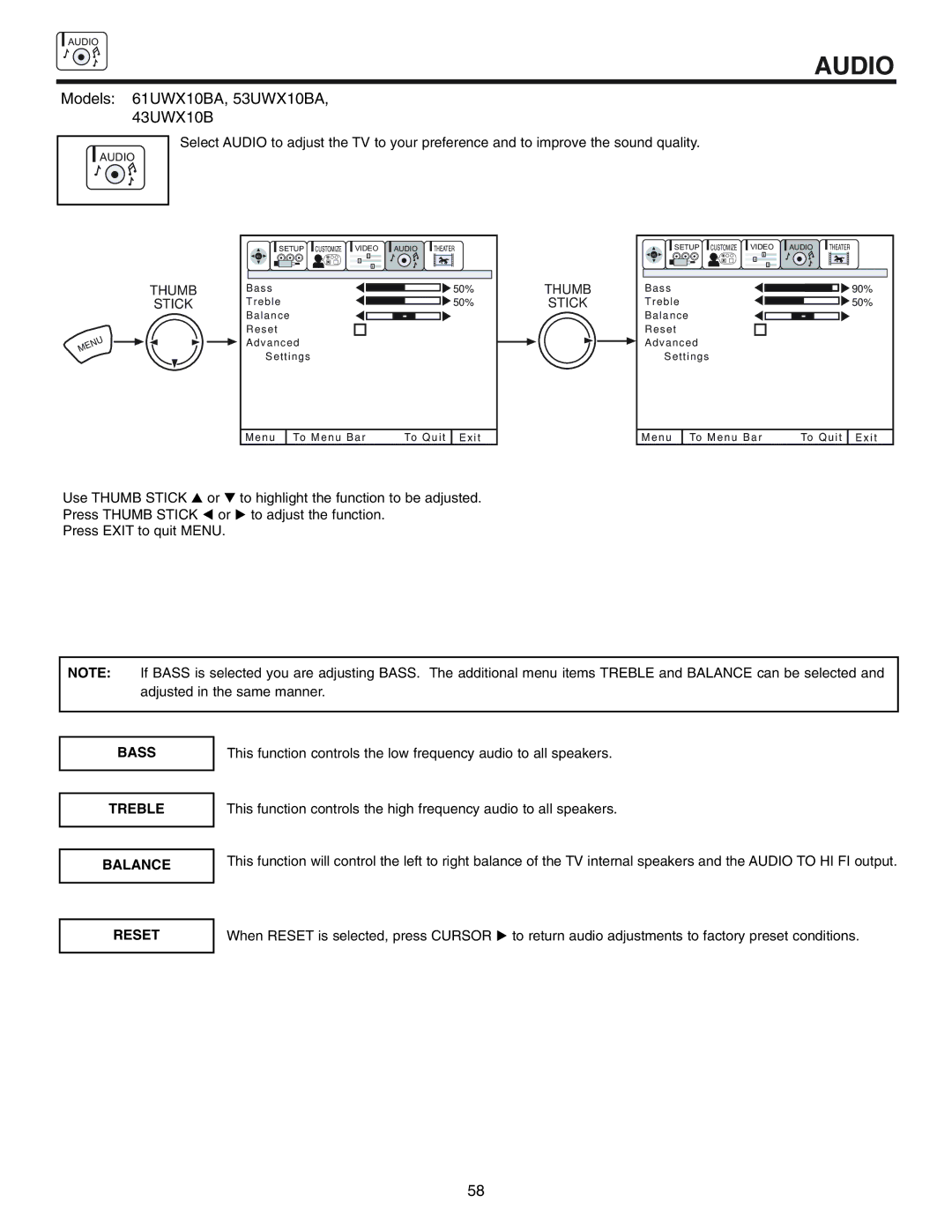 Hitachi 61SWX10B, 53UWX10BA, 61UWX10BA important safety instructions Audio, Bass, Treble, Balance 