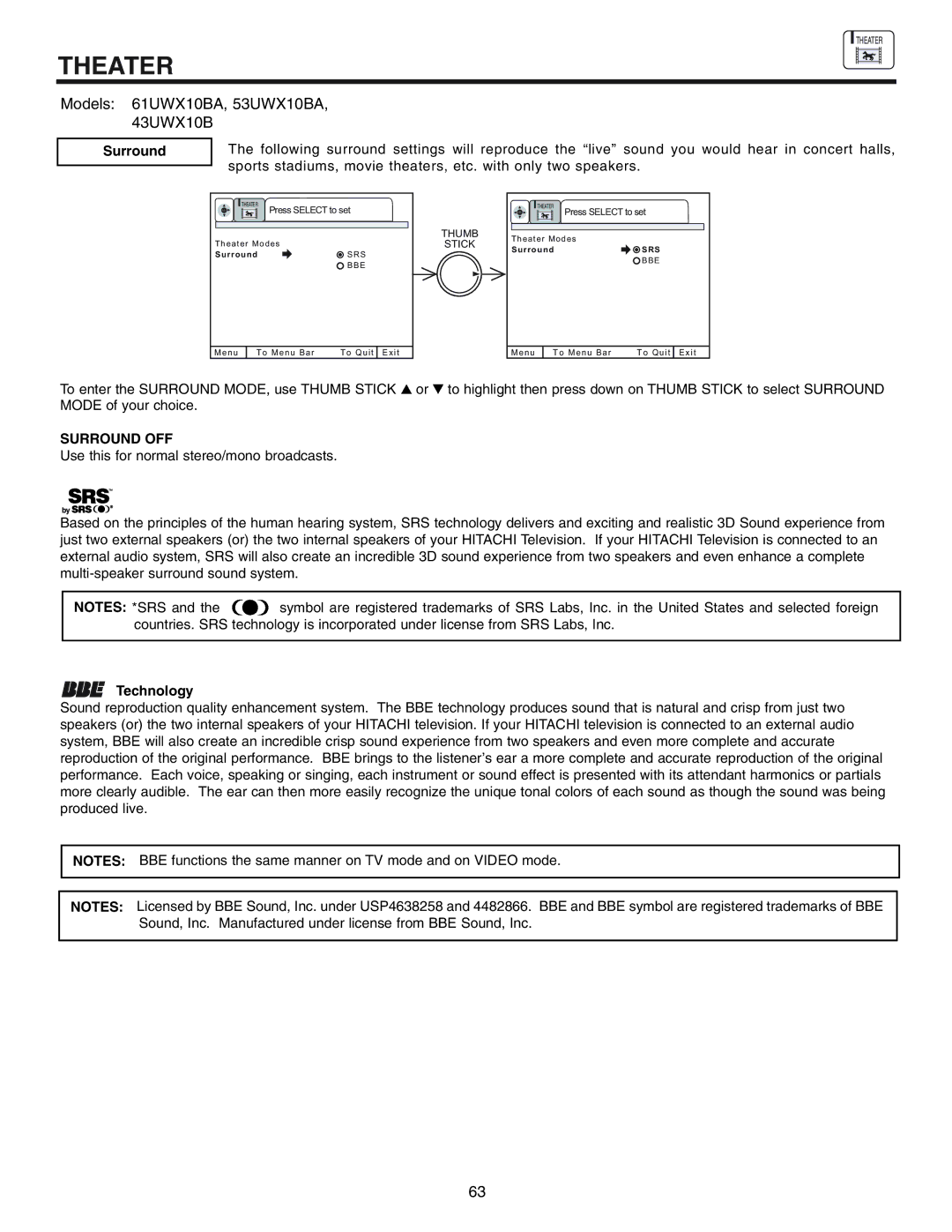 Hitachi 53UWX10BA, 61SWX10B, 61UWX10BA important safety instructions Surround OFF, Technology 