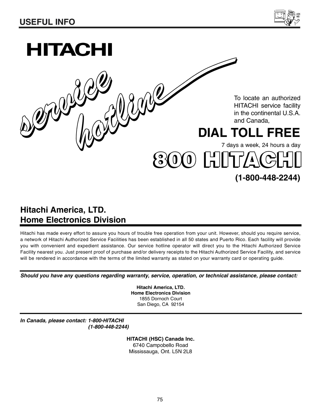 Hitachi 53UWX10BA, 61SWX10B, 61UWX10BA important safety instructions Hitachi, Home Electronics Division 