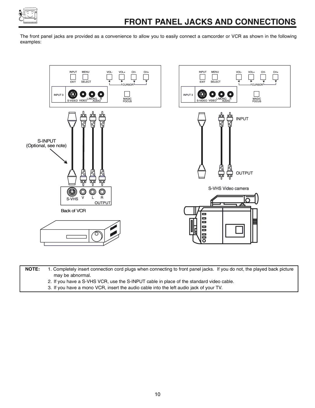 Hitachi 53UWX10BA important safety instructions Front Panel Jacks and Connections 