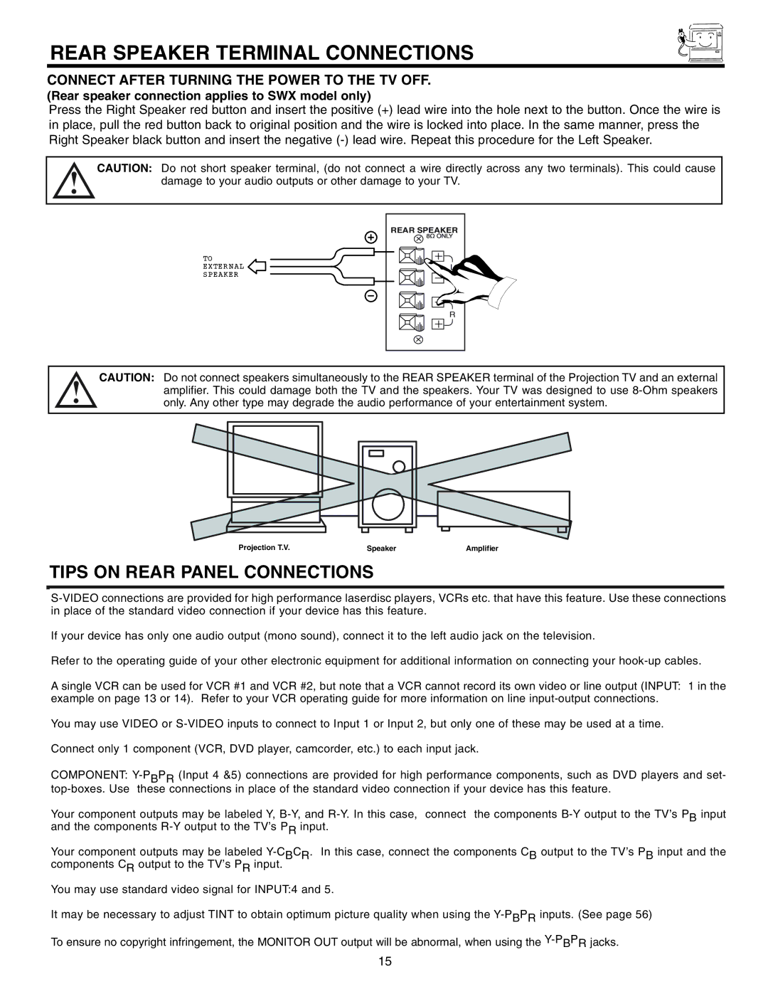 Hitachi 53UWX10BA Rear Speaker Terminal Connections, Connect After Turning the Power to the TV OFF 