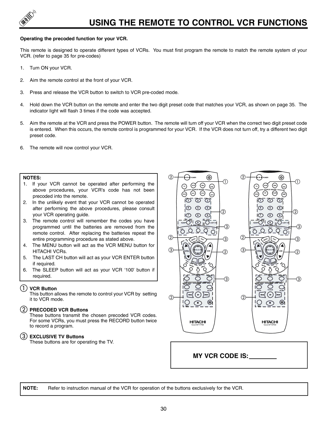 Hitachi 53UWX10BA Using the Remote to Control VCR Functions, Operating the precoded function for your VCR 