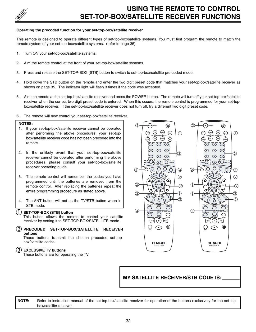 Hitachi 53UWX10BA important safety instructions SET-TOP-BOX STB button, Precoded SET-TOP-BOX/SATELLITE Receiver buttons 