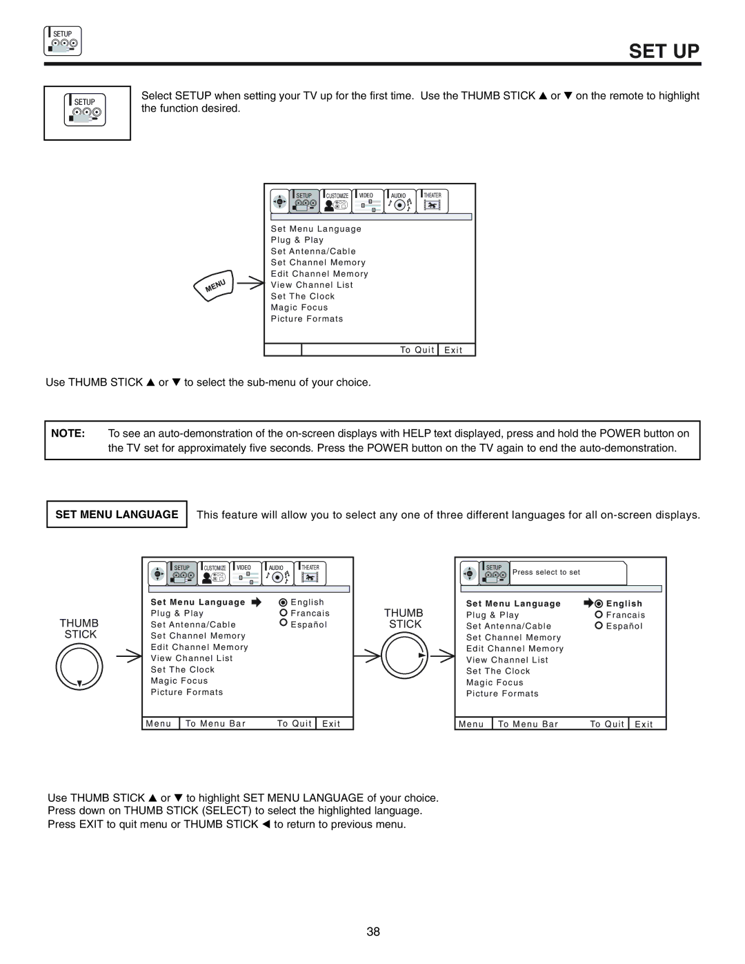 Hitachi 53UWX10BA important safety instructions Set Up, SET Menu Language 