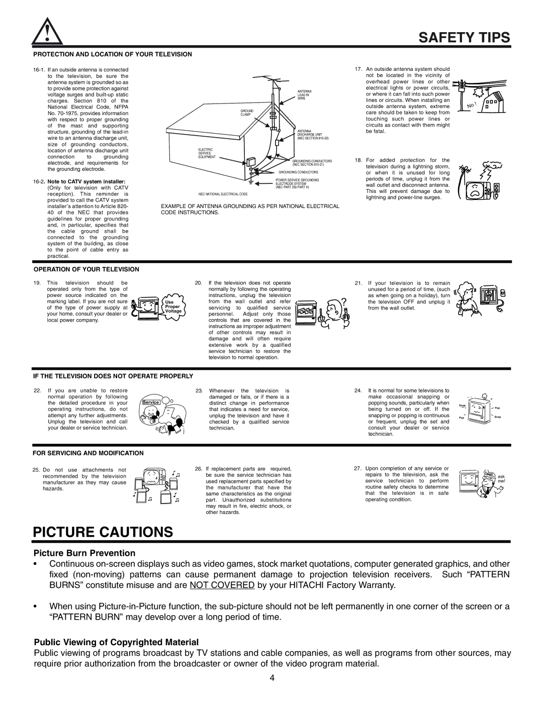 Hitachi 53UWX10BA important safety instructions Picture Cautions, Operation of Your Television 