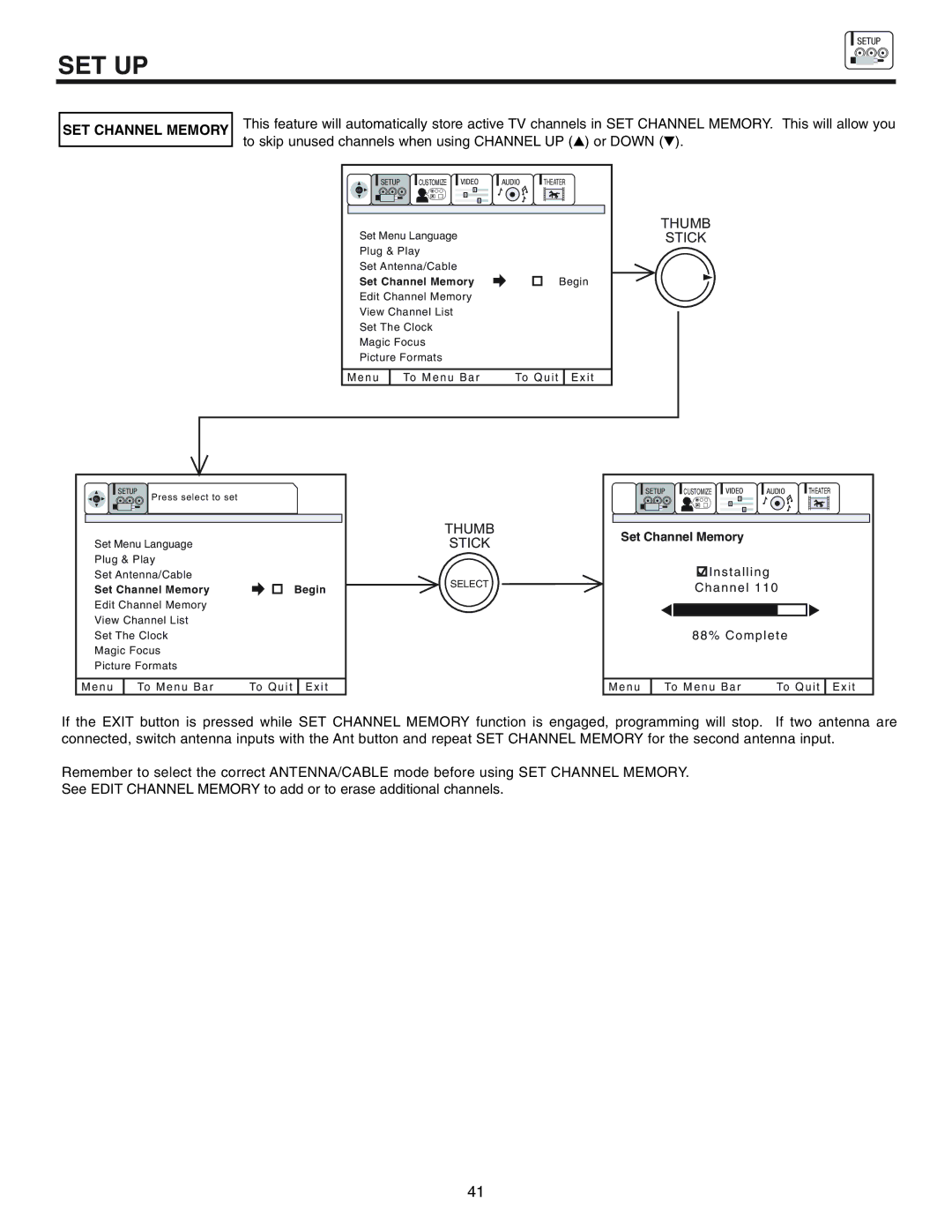 Hitachi 53UWX10BA important safety instructions SET Channel Memory 