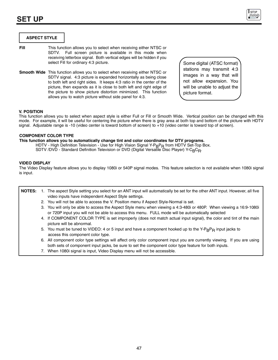 Hitachi 53UWX10BA important safety instructions Fill, Position, Component Color Type, Video Display 