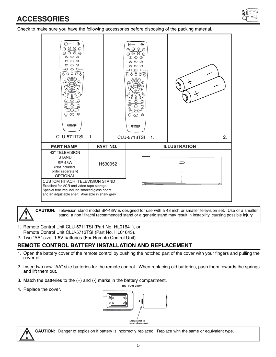 Hitachi 53UWX10BA important safety instructions Accessories, VID1 