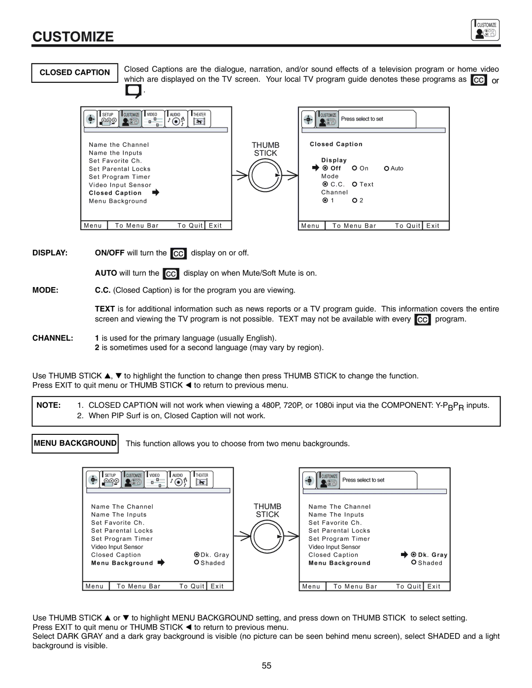 Hitachi 53UWX10BA important safety instructions Closed Caption, Display, Mode, Channel, Menu Background 