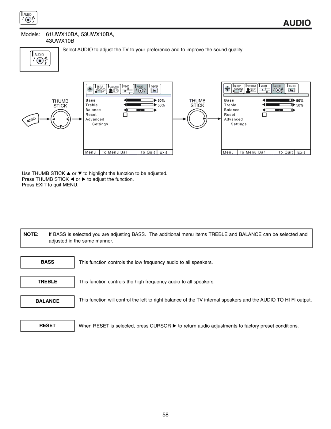 Hitachi 53UWX10BA important safety instructions Audio, Bass, Treble, Balance 