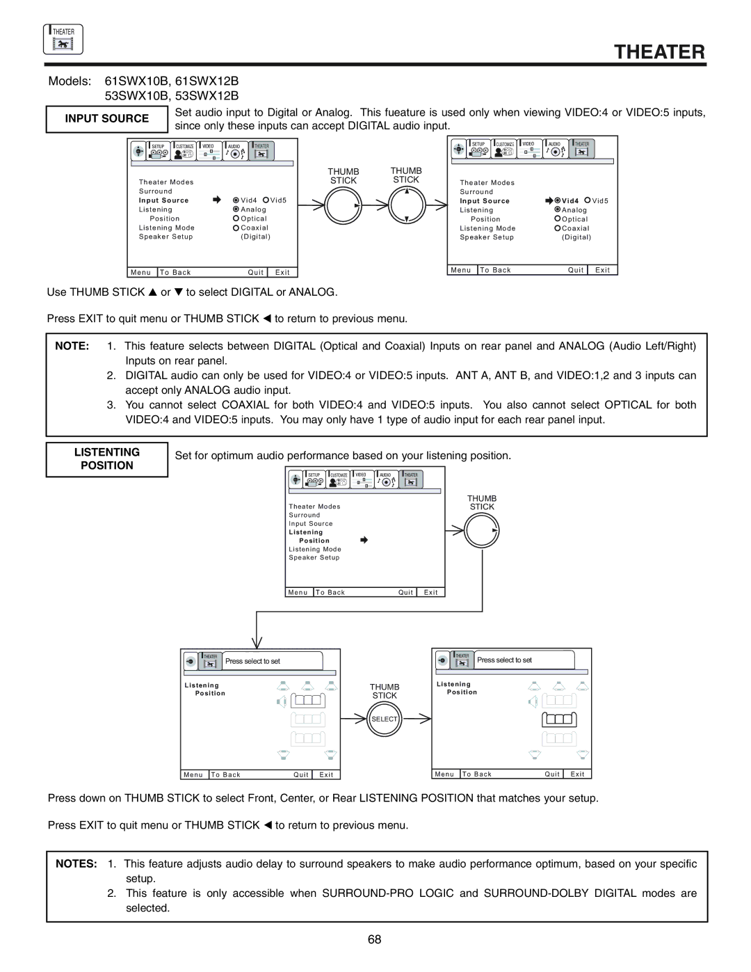 Hitachi 53UWX10BA important safety instructions Input Source, Listenting Position 