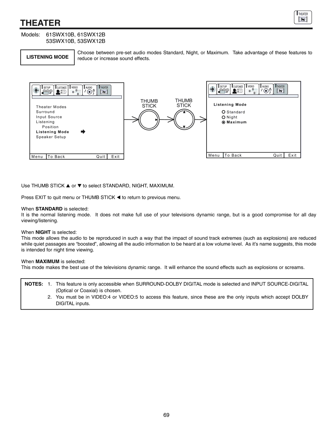 Hitachi 53UWX10BA important safety instructions Listening Mode 