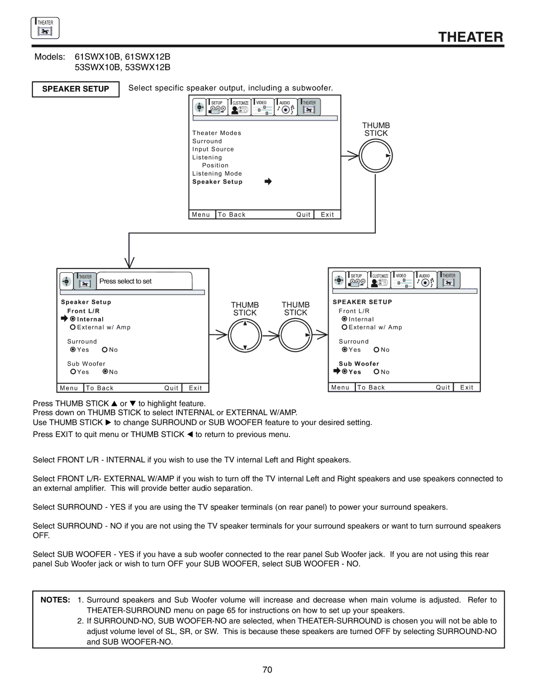 Hitachi 53UWX10BA important safety instructions Speaker Setup 