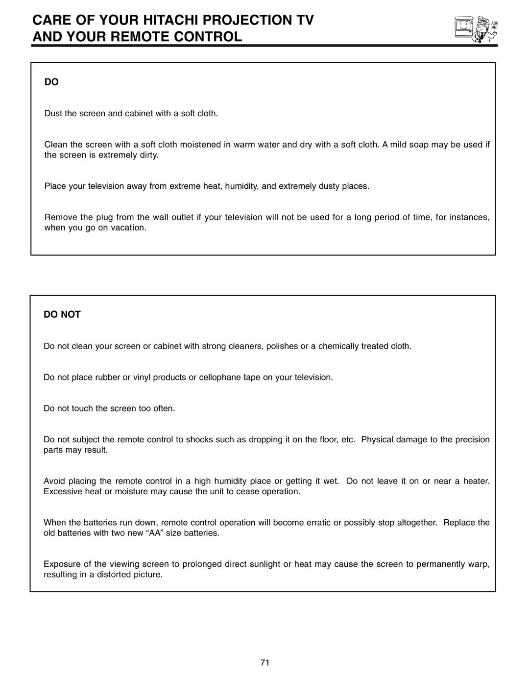 Hitachi 53UWX10BA important safety instructions Care of Your Hitachi Projection TV Your Remote Control, Do not 