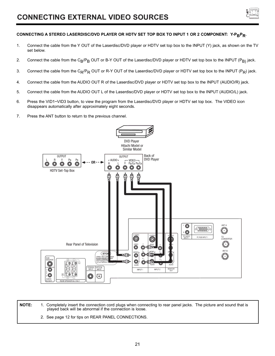 Hitachi 55DMX01WD specifications See page 12 for tips on Rear Panel Connections 