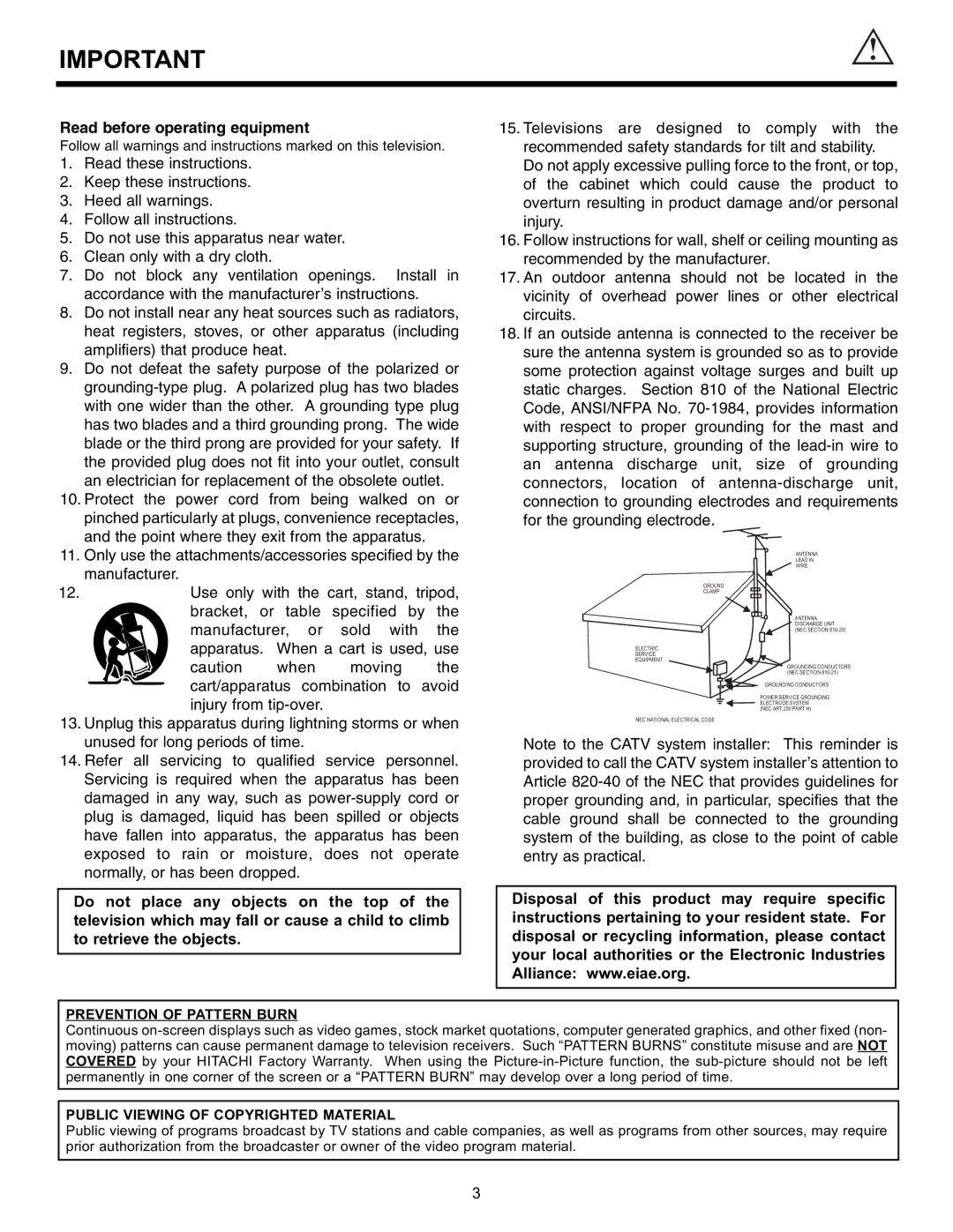 Hitachi 55DMX01WD specifications Prevention of Pattern Burn, Public Viewing of Copyrighted Material 