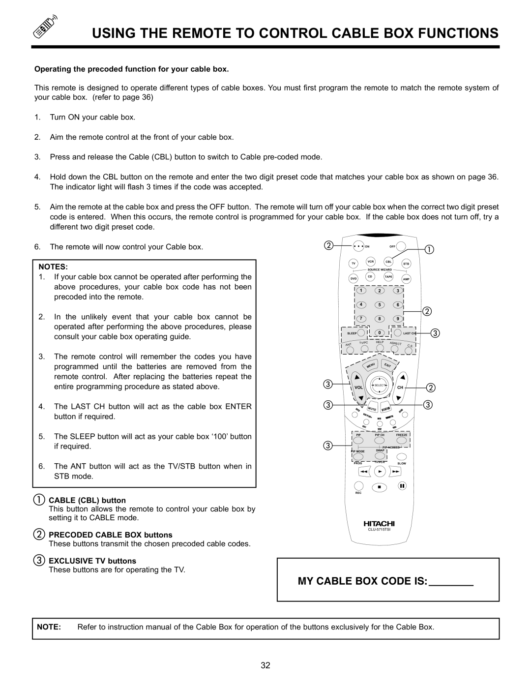 Hitachi 55DMX01WD Using the Remote to Control Cable BOX Functions, Operating the precoded function for your cable box 