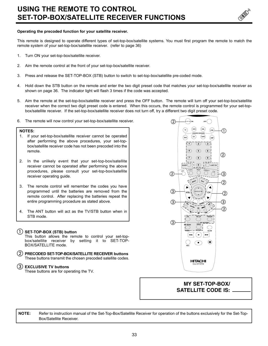 Hitachi 55DMX01WD specifications Operating the precoded function for your satellite receiver, SET-TOP-BOX STB button 