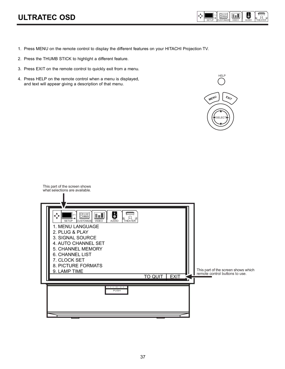 Hitachi 55DMX01WD specifications Ultratec OSD, Lamp Time To Quit, Exit 