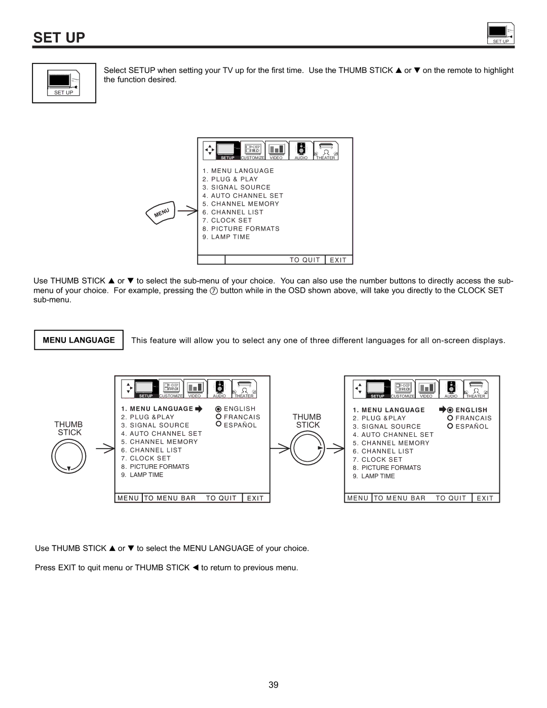 Hitachi 55DMX01WD specifications Set Up, Menu Language 