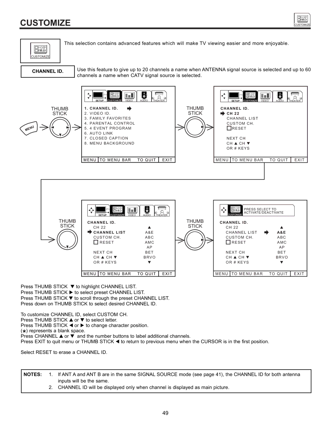 Hitachi 55DMX01WD specifications Customize, Channel ID 