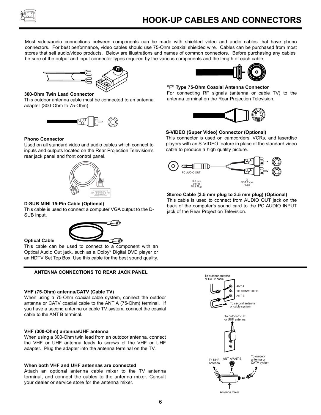 Hitachi 55DMX01WD specifications HOOK-UP Cables and Connectors, Antenna Connections to Rear Jack Panel 