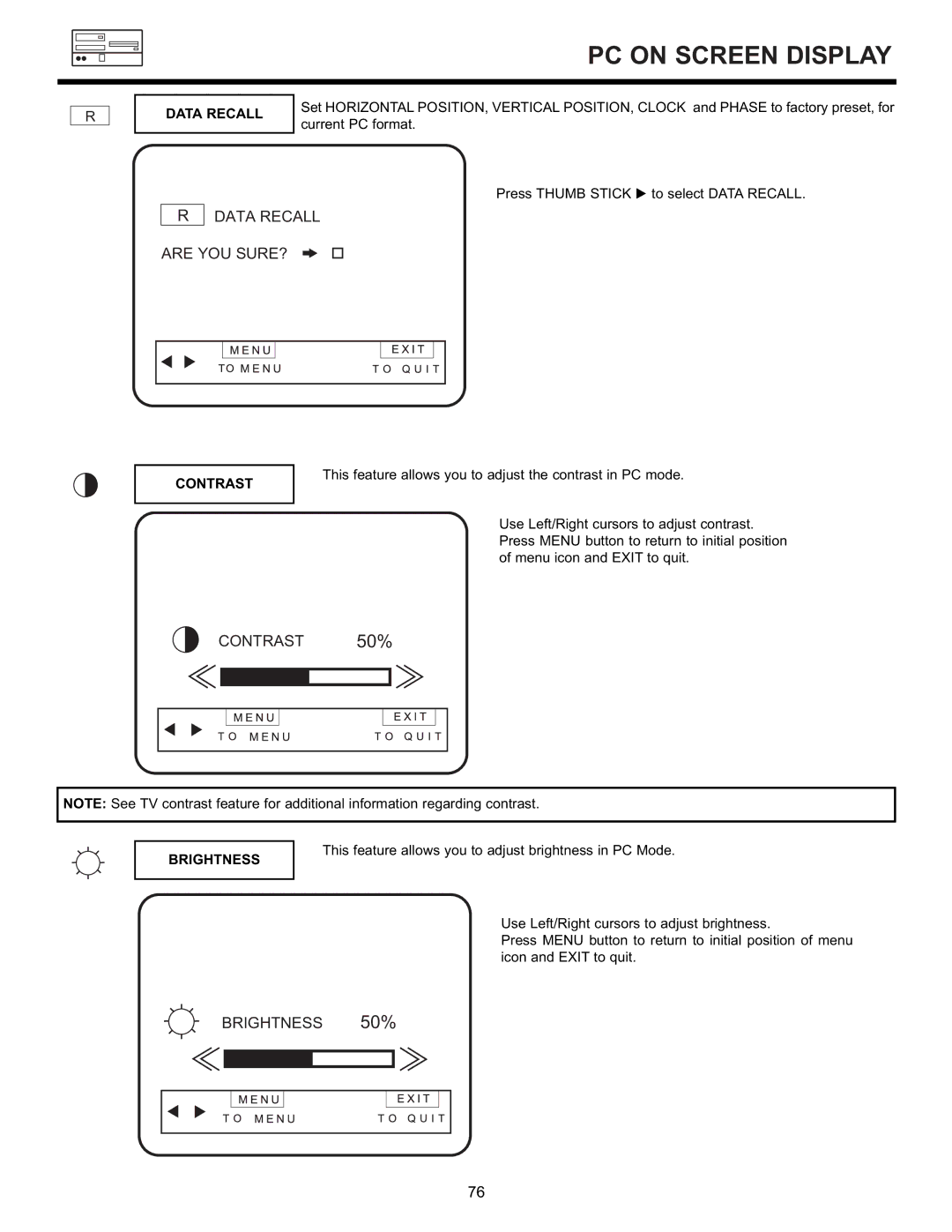 Hitachi 55DMX01WD specifications Data Recall are YOU SURE?, Contrast 50%, Brightness 50% 