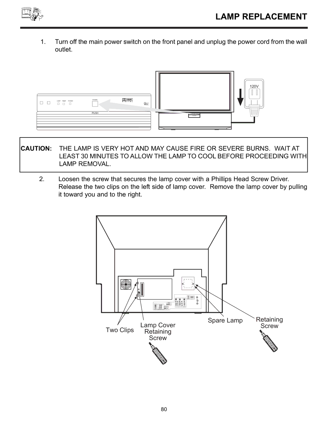 Hitachi 55DMX01WD specifications Spare Lamp Retaining Lamp Cover Screw Two Clips Retaining 