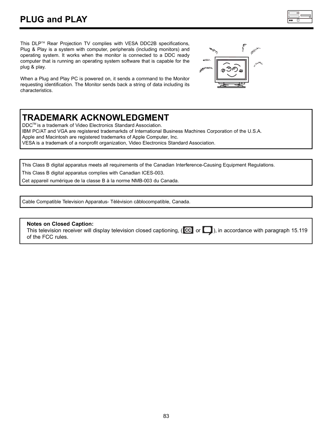 Hitachi 55DMX01WD specifications Plug and Play, Trademark Acknowledgment 