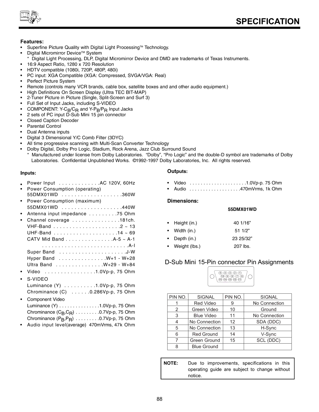 Hitachi 55DMX01WD specifications Specification, Features 