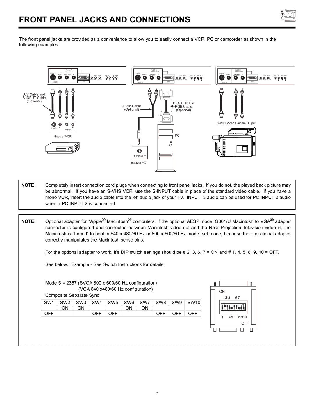 Hitachi 55DMX01WD specifications Front Panel Jacks and Connections 