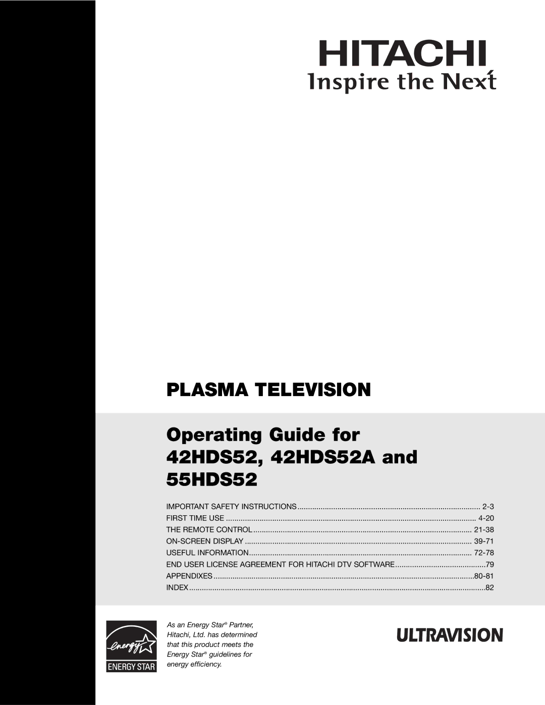 Hitachi 42HDS52A, 55HDS52 important safety instructions Plasma Television 