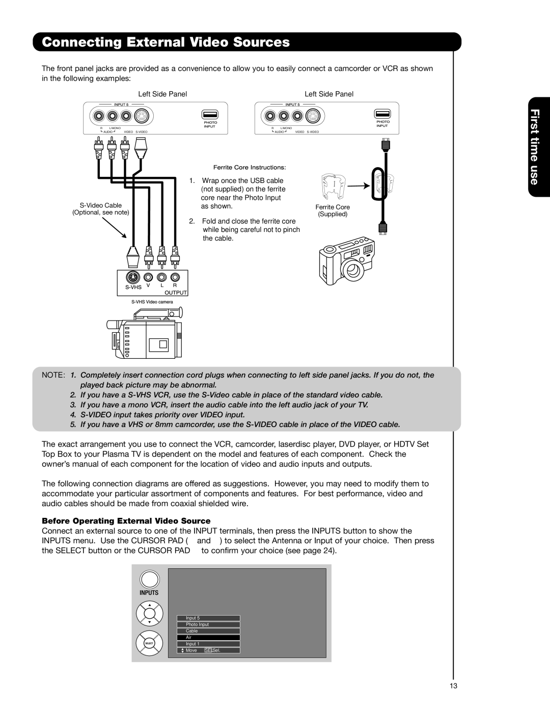 Hitachi 42HDS52A, 55HDS52 important safety instructions Connecting External Video Sources, Left Side Panel 