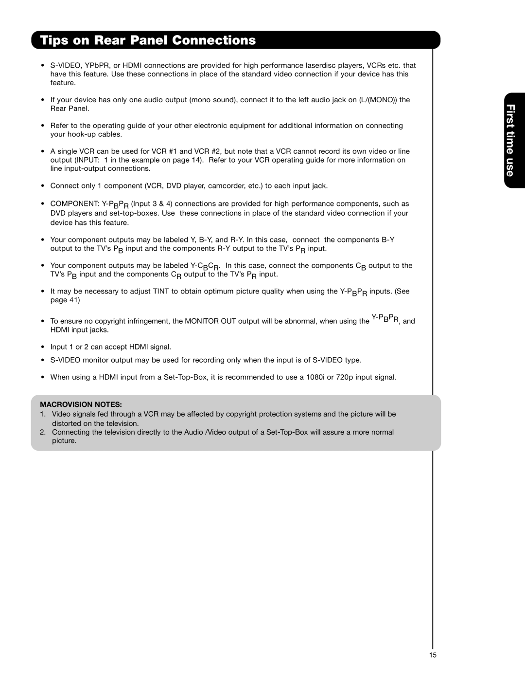 Hitachi 55HDS52, 42HDS52A important safety instructions Tips on Rear Panel Connections, Macrovision Notes 