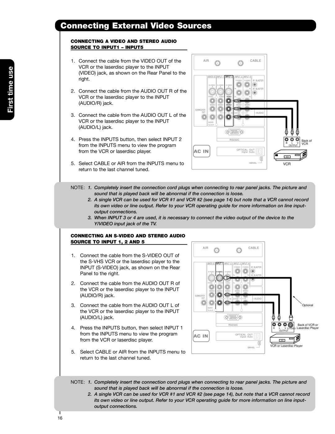 Hitachi 42HDS52A, 55HDS52 important safety instructions Connecting a Video and Stereo Audio Source to INPUT1 INPUT5 