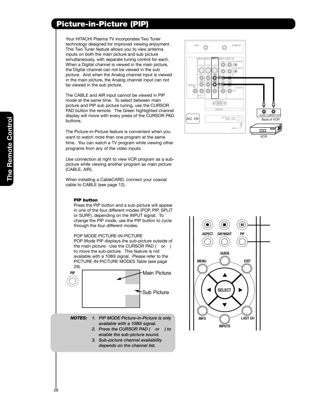 Hitachi 42HDS52A, 55HDS52 important safety instructions Picture-in-Picture PIP, PIP button 