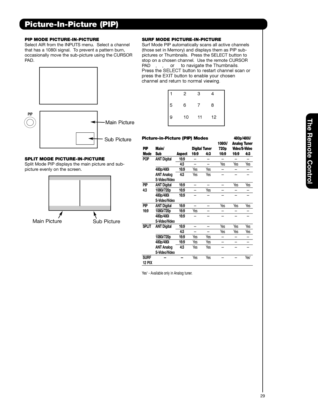 Hitachi 42HDS52 PIP Mode PICTURE-IN-PICTURE, Split Mode PICTURE-IN-PICTURE, Surf Mode PICTURE-IN-PICTURE, Pip, Pop 