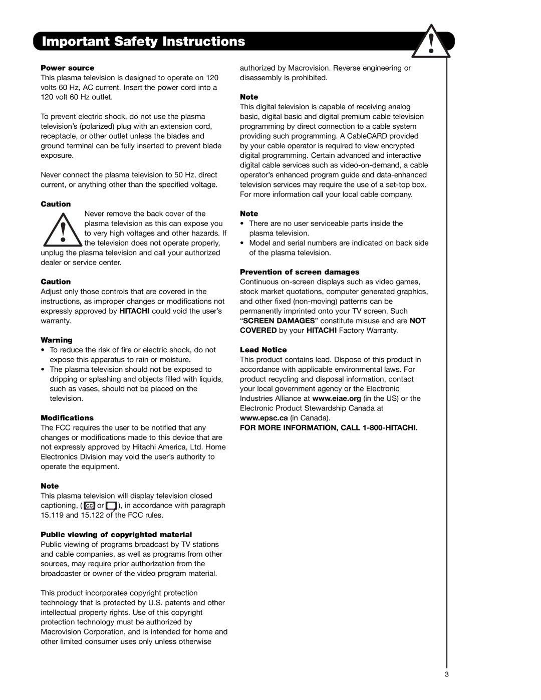 Hitachi 55HDS52, 42HDS52A important safety instructions For More INFORMATION, Call 1-800-HITACHI 