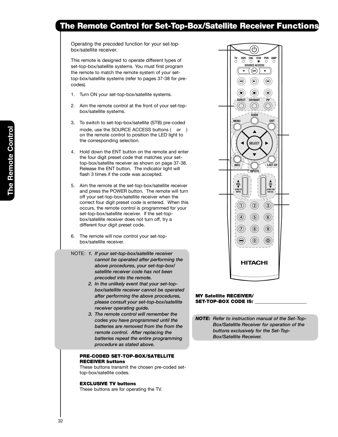 Hitachi 42HDS52 Remote Control for Set-Top-Box/Satellite Receiver Functions, MY Satellite Receiver, SET-TOP-BOX Code is 