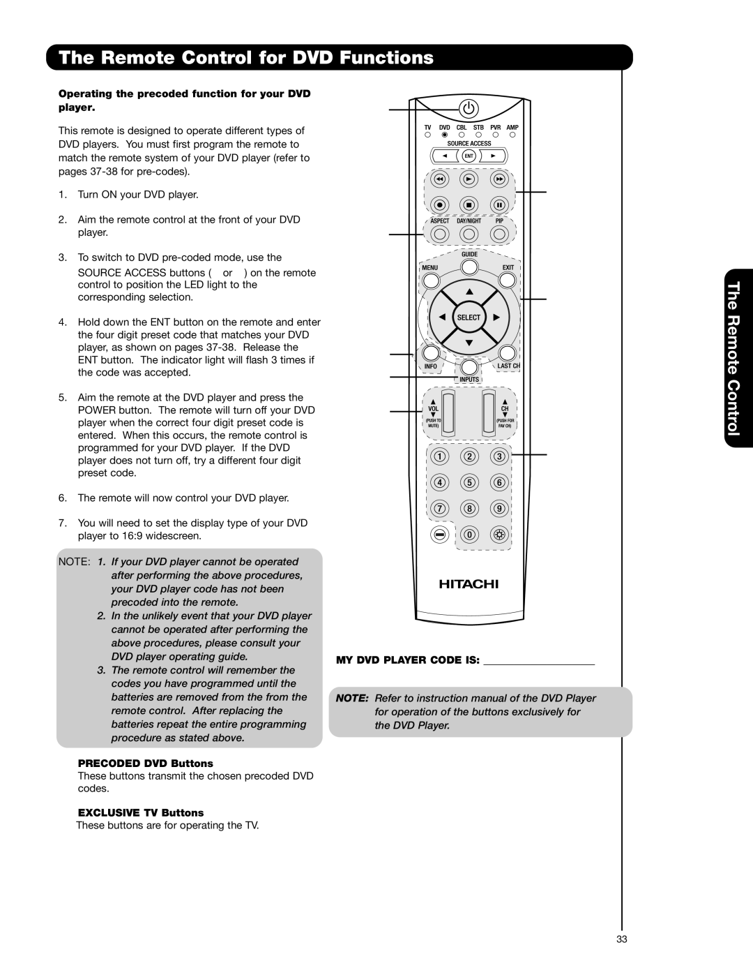 Hitachi 55HDS52, 42HDS52A Remote Control for DVD Functions, Operating the precoded function for your DVD player 