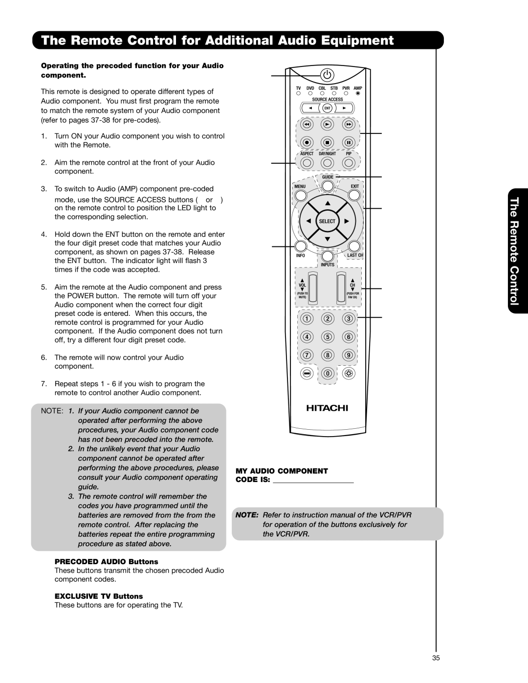 Hitachi 42HDS52 Remote Control for Additional Audio Equipment, Operating the precoded function for your Audio component 