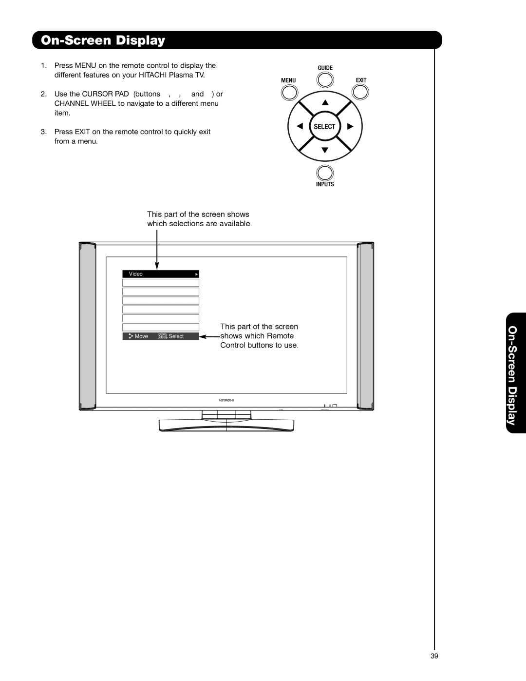 Hitachi 55HDS52, 42HDS52A important safety instructions On-Screen Display 